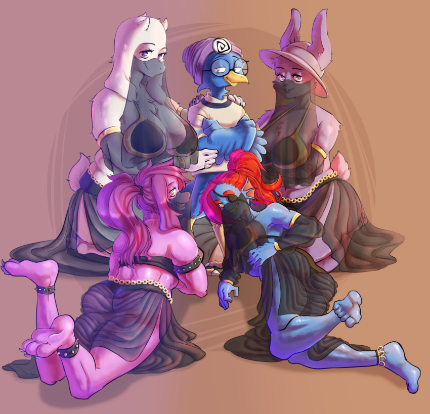 absurd_res anthro avian berdly big_breasts bird bottomwear bovid bra breasts butt caprine cleavage clothed clothing crossed_arms deltarune eye_patch eyewear female fish glasses goat grin group hair hand_on_shoulder harem_outfit hi_res huge_breasts hypnosis kneeling lagomorph leporid lizard loincloth looking_at_viewer lying male male/female mammal marine mind_control on_front ponytail rabbit rabbit_shopkeeper reptile scalie sharp_teeth simple_background smile spiral_eyes susie_(deltarune) teeth tomatson toriel translucent translucent_clothing undertale_(series) underwear undyne veil video_games