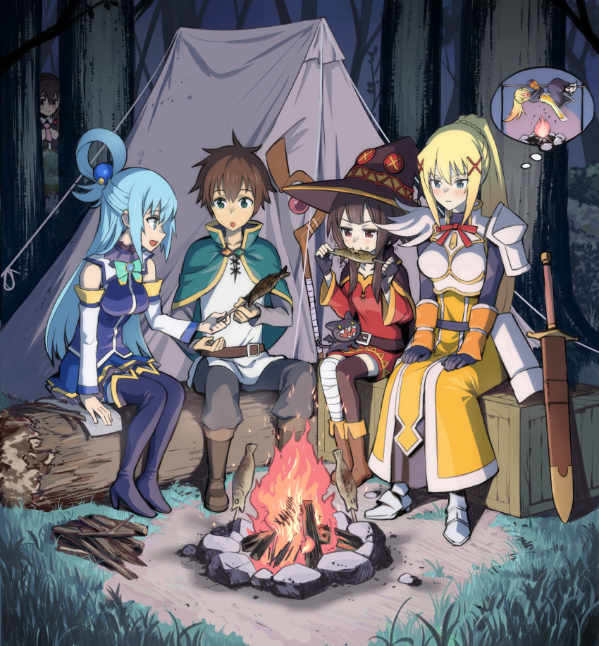 1boy 4girls animal aqua_(konosuba) aqua_bow aqua_bowtie armor asymmetrical_legwear bandaged_leg bandages bangs black_cape blue_eyes blue_footwear blue_shirt blue_skirt blush boots bow bowtie breastplate breasts brown_cape brown_footwear brown_hair campfire camping cape chomusuke commentary_request cooking crate darkness_(konosuba) detached_sleeves dress eating fingerless_gloves firewood fish forest full_body gloves gold_trim grass green_cape green_eyes grey_eyes hair_ornament hair_rings hat hiding high_heels highres holding holding_animal holding_fish kono_subarashii_sekai_ni_shukufuku_wo! log long_hair medium_breasts megumin mismatched_legwear multiple_girls nature necktie night pink_necktie red_dress red_eyes rotisserie satou_kazuma seidenki6 shadow sheath sheathed shirt short_hair_with_long_locks shoulder_armor sidelocks single_thighhigh sitting skirt sleeveless small_breasts staff tent thigh_boots thighhighs thought_bubble white_sleeves witch_hat yellow_dress yunyun_(konosuba)