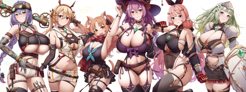 animal_humanoid big_breasts breast_size_difference breasts cat_humanoid cleavage clothed clothing elf felid felid_humanoid feline feline_humanoid female group hair hi_res holding_knife holding_object horn horned_humanoid huge_breasts humanoid knife larger_female mammal mammal_humanoid open_mouth open_smile orz_can panties simple_background size_difference smaller_female smile underwear white_background