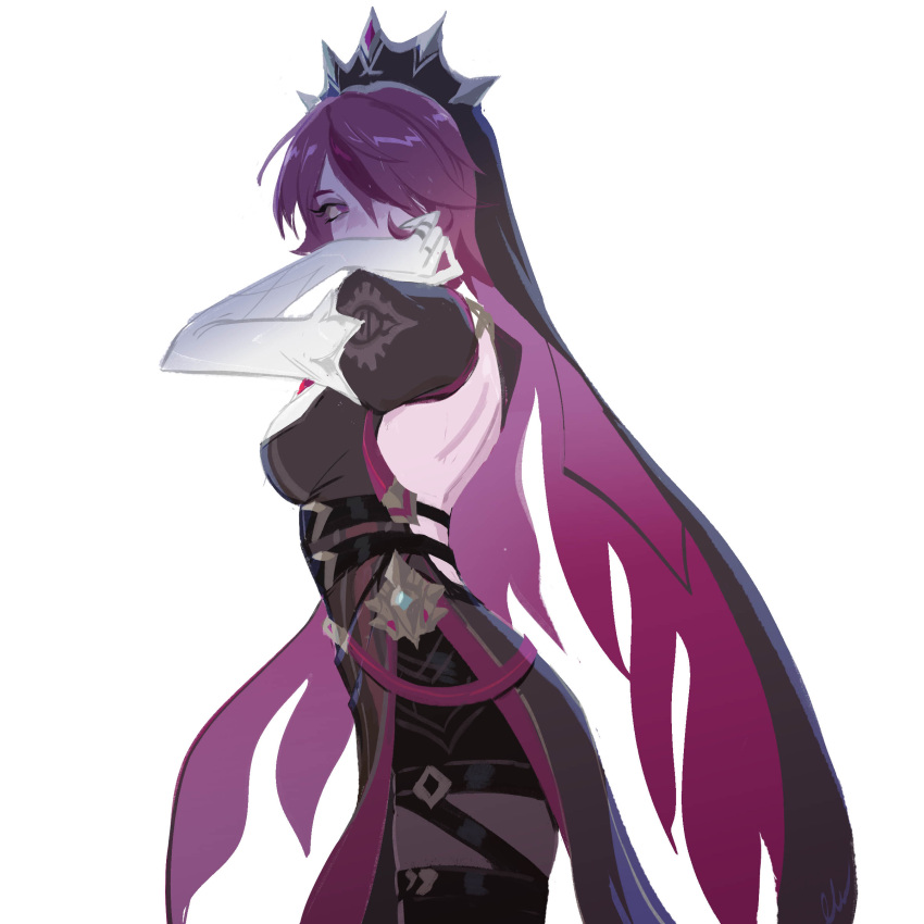 1girl absurdres backless_dress backless_outfit black_dress che_(kure_py) commentary dress english_commentary genshin_impact gloves highres official_alternate_costume purple_eyes purple_hair redesign rosaria_(genshin_impact) rosaria_(to_the_church's_free_spirit)_(genshin_impact) short_hair simple_background solo white_background white_gloves