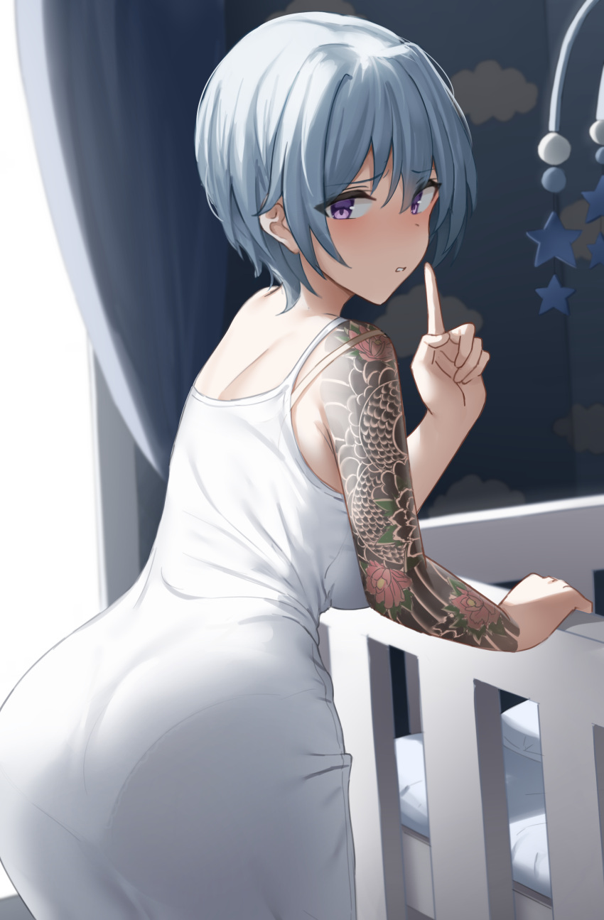 1girl absurdres arm_tattoo ass blue_hair commentary crib curtains dress english_commentary highres index_finger_raised indoors looking_back original panties purple_eyes see-through_dress shengtian short_hair solo tattoo underwear white_dress window