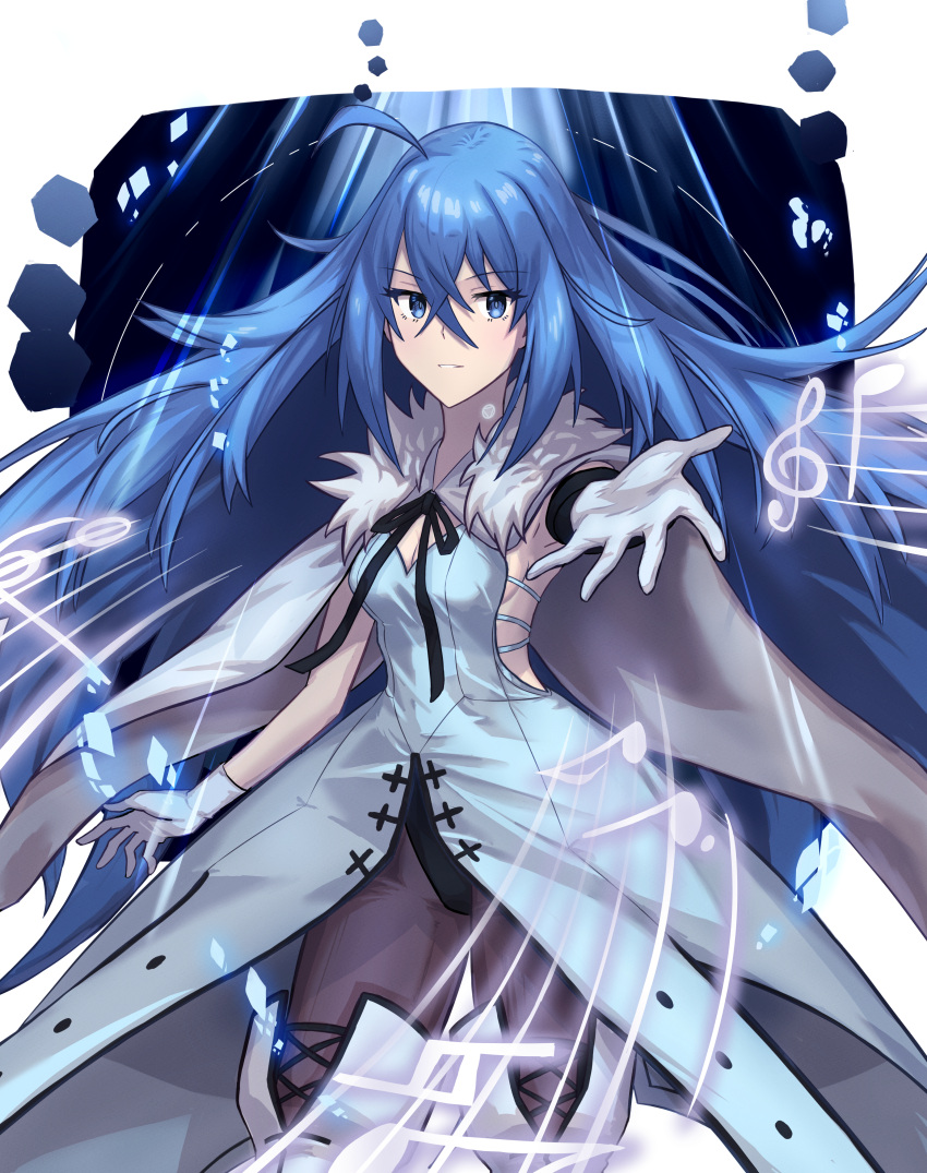 1girl absurdres ahoge bangs black_leotard blue_eyes blue_hair boots breasts cape cleavage eyebrows_visible_through_hair floating_hair gloves grey_cape grey_pants hair_between_eyes highres leotard long_hair looking_at_viewer medium_breasts pants parted_lips shiny shiny_hair sideboob solo standing thigh_boots thighhighs tsukinaga very_long_hair vivy vivy:_fluorite_eye's_song white_footwear white_gloves
