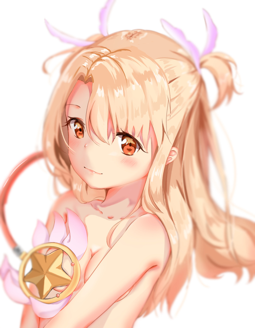 1girl absurdres bangs blonde_hair breasts cleavage closed_mouth collarbone fate/kaleid_liner_prisma_illya fate_(series) feather_hair_ornament feathers floating_hair hair_between_eyes hair_ornament highres illyasviel_von_einzbern jun_wmrx3848 kaleidostick long_hair magical_ruby nude pink_feathers red_eyes sideboob small_breasts smile solo two_side_up white_background