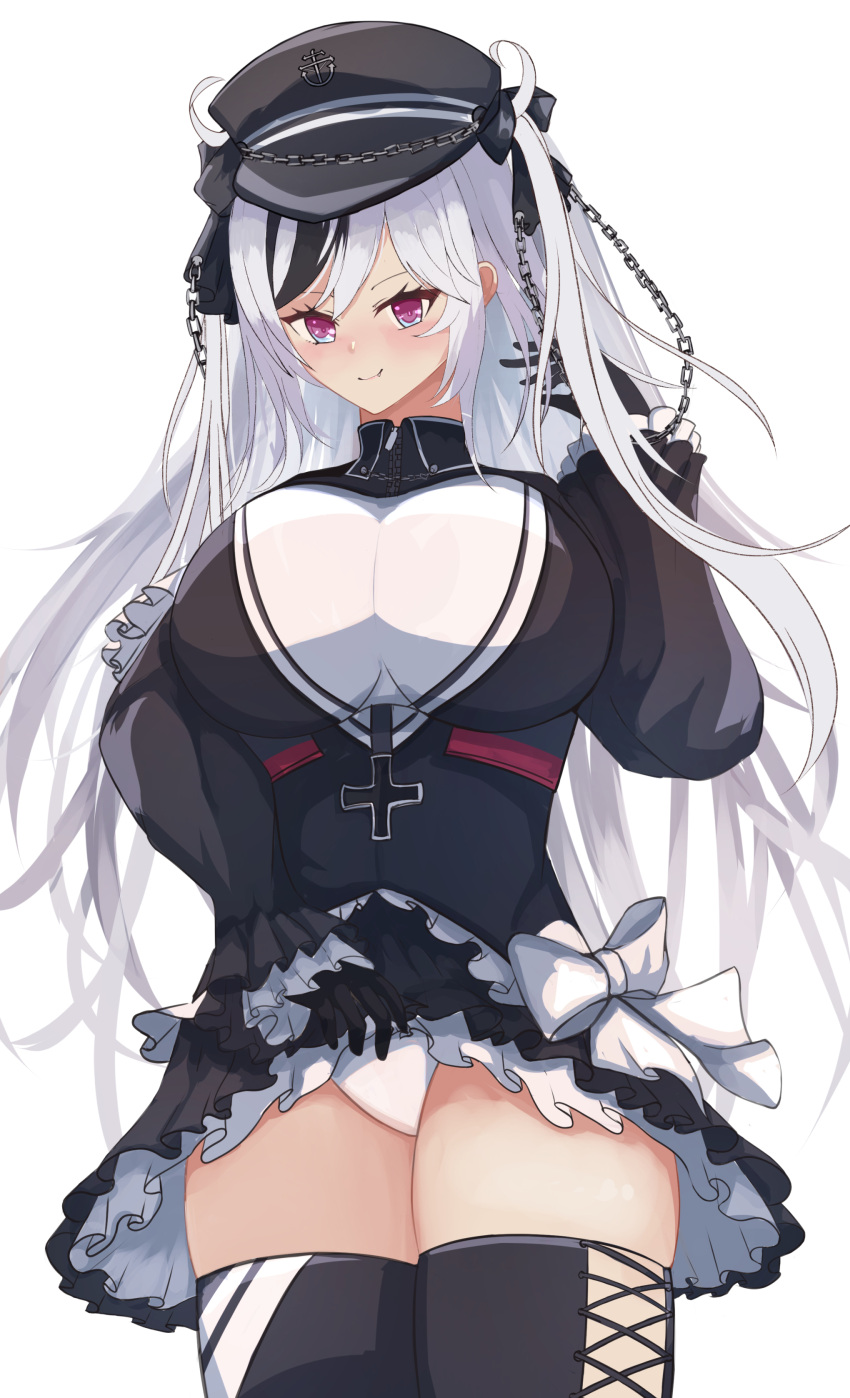 1girl absurdres azur_lane black_dress black_gloves black_hair black_headwear black_legwear black_ribbon breasts chain clothes_lift dress elbe_(azur_lane) gloves hair_ribbon hane_(feathe02) hat highres large_breasts leotard long_hair multicolored_hair peaked_cap purple_eyes ribbon simple_background skindentation skirt skirt_lift solo streaked_hair thighhighs two-tone_hair very_long_hair white_background white_hair white_leotard