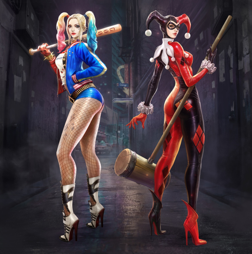 1girl absurdres alternate_costume ankle_boots baseball_bat batman_(series) belt bodysuit boots bracelet breasts commentary dc_comics detached_sleeves earrings fingerless_gloves fishnet_legwear fishnets from_behind from_side full_body gloves gradient gradient_hair hammer hand_in_pocket harley_quinn high_heels highres holding jacket jewelry kim_sung_hwan lips long_hair long_sleeves looking_at_viewer looking_back makeup mask medium_breasts multicolored_hair multiple_views pom_pom_(clothes) short_shorts shorts sidelocks simple_background skin_tight spiked_bracelet spikes standing tattoo tied_hair twintails