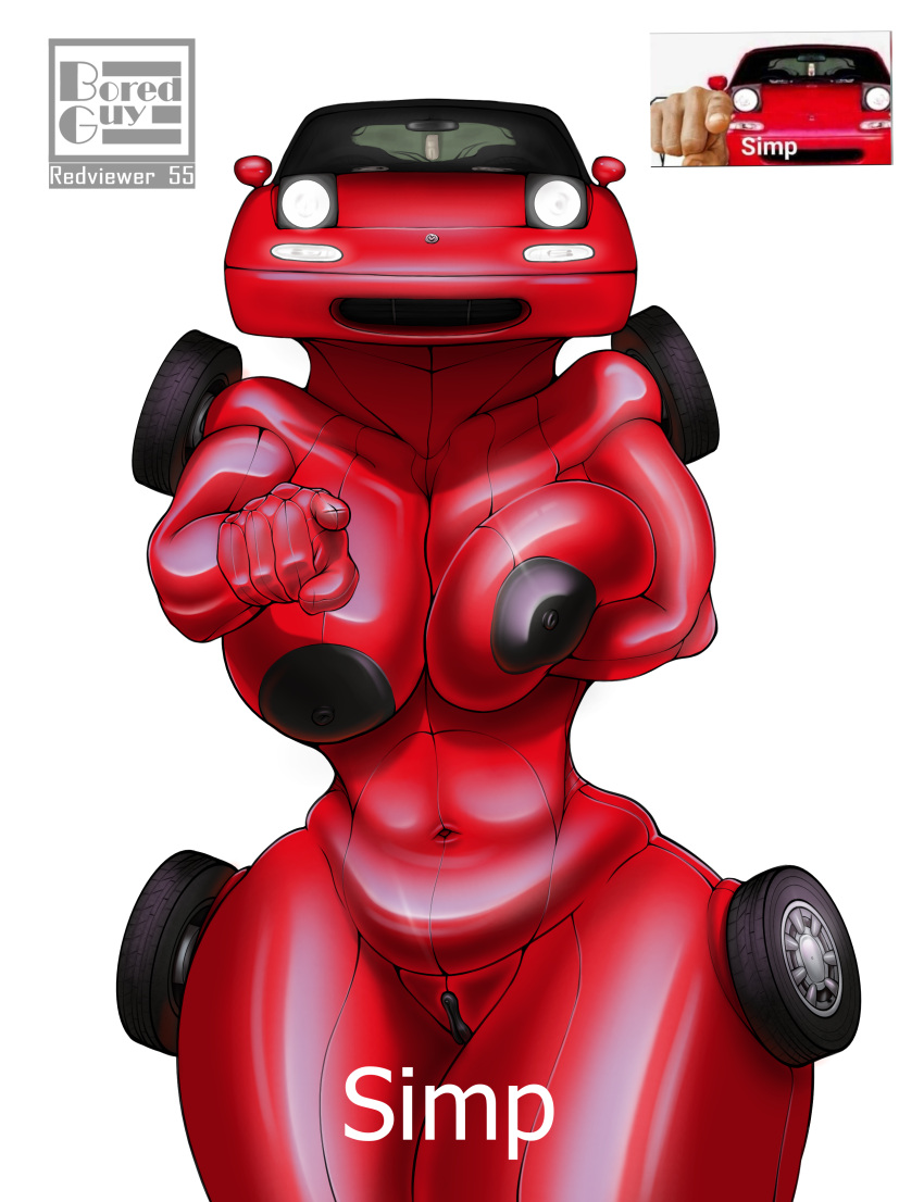 2022 absurd_res animate_inanimate big_breasts black_nipples breasts car car_humanoid female for_a_head genitals gesture hi_res living_car living_machine living_vehicle machine mazda mazda_miata meme nipples not_furry nude object_head pointing pointing_at_viewer portrait pussy red_body redviewer_55 reference_image simple_background solo text three-quarter_portrait vehicle white_background