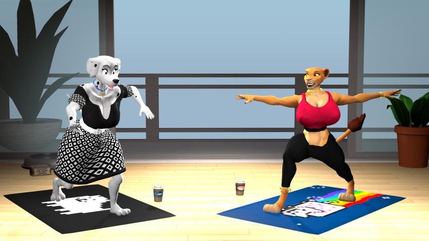 101_dalmatians 3d_(artwork) anthro astro_catmew bottomwear bowl breasts canid canine canis clothed clothing coffee_cup collar container cup digital_media_(artwork) disney domestic_dog dress duo felid female female/female food_bowl hi_res kiara lion mammal meme muscular_thighs nyan_cat pantherine pants perdita pet_bowl plant pose slip source_filmmaker spots the_lion_king yoga yoga_accident yoga_mat yoga_pants yoga_top