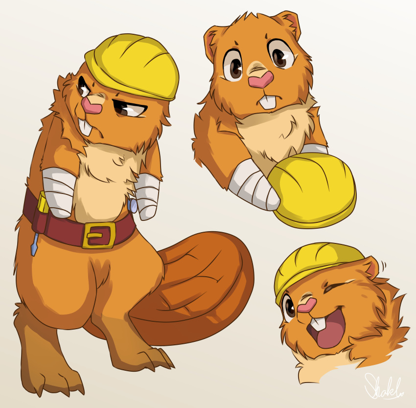 absurd_res anthro armor bandage beaver buckteeth chest_tuft digitigrade frown frustrated handy_(htf) happy_tree_friends hard_hat headgear helmet hi_res looking_at_viewer male mammal missing_arm missing_limbs multiple_poses one_eye_closed pose rodent shakly simple_background smile smiling_at_viewer solo teeth tool_belt tools tuft white_background wink