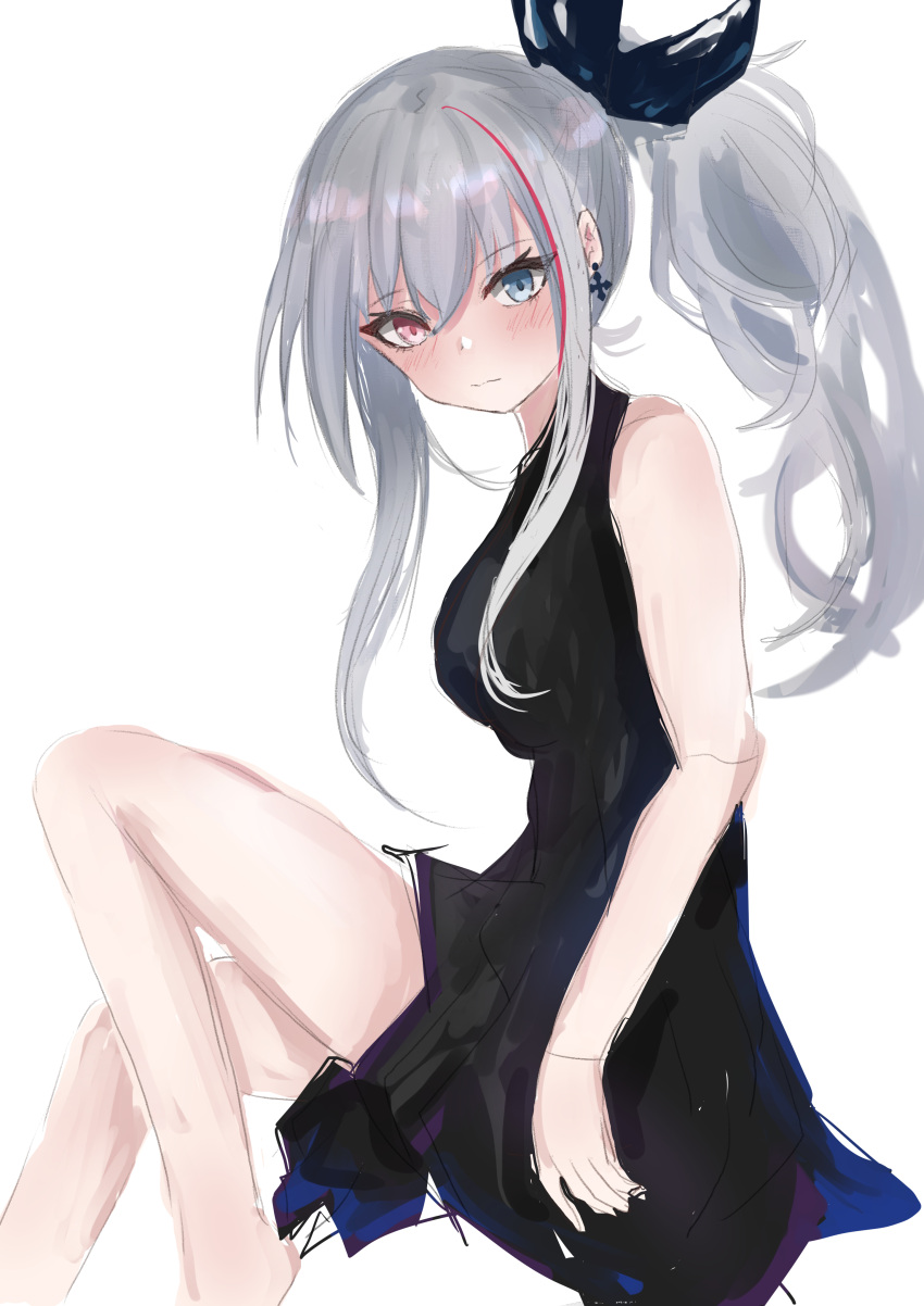 1girl absurdres bangs black_bow black_dress black_gloves blue_eyes blush bow breasts cross cross_earrings dress earrings eyebrows_visible_through_hair feet_out_of_frame girls'_frontline gloves heterochromia highres jewelry long_hair looking_at_viewer mdr_(cocktail_observer)_(girls'_frontline) mdr_(girls'_frontline) multicolored_hair official_alternate_costume ponytail ribbon silver_hair simple_background smile solo streaked_hair white_background