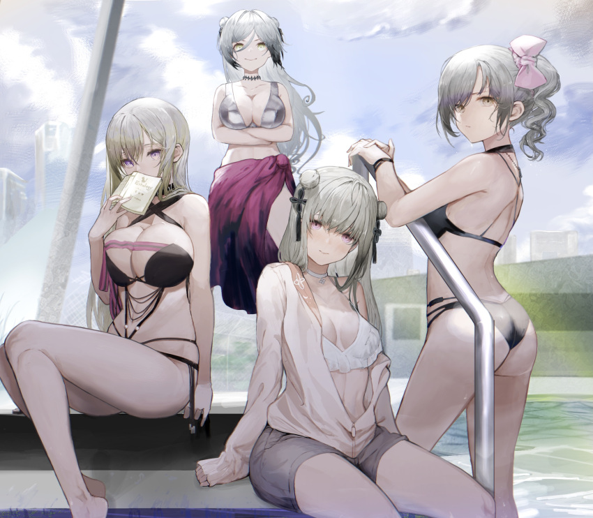 4girls anths ass back bangs bare_legs barefoot bikini black_bikini black_choker black_hair blue_sky blush book breasts brown_eyes choker cleavage closed_mouth cloud cloudy_sky commentary covering_mouth crossed_arms day double_bun feet_out_of_frame flower frilled_bikini frills grey_bikini grey_shorts hair_between_eyes hair_bun hair_flower hair_ornament hair_tassel highres holding holding_book iron_saga jacket kemuri_(iron_saga) large_breasts linda_(iron_saga) long_hair looking_at_viewer medium_breasts multicolored_hair multiple_girls navel off_shoulder official_alternate_costume outdoors parted_bangs ponytail poolside purple_eyes qin_(iron_saga) red_sarong sarong short_hair short_shorts shorts silver_hair sitting skindentation sky sleeves_past_wrists smile standing swimsuit teresa_(iron_saga) thighs two-tone_hair unzipped wavy_hair white_bikini white_choker wristband yellow_eyes yellow_jacket