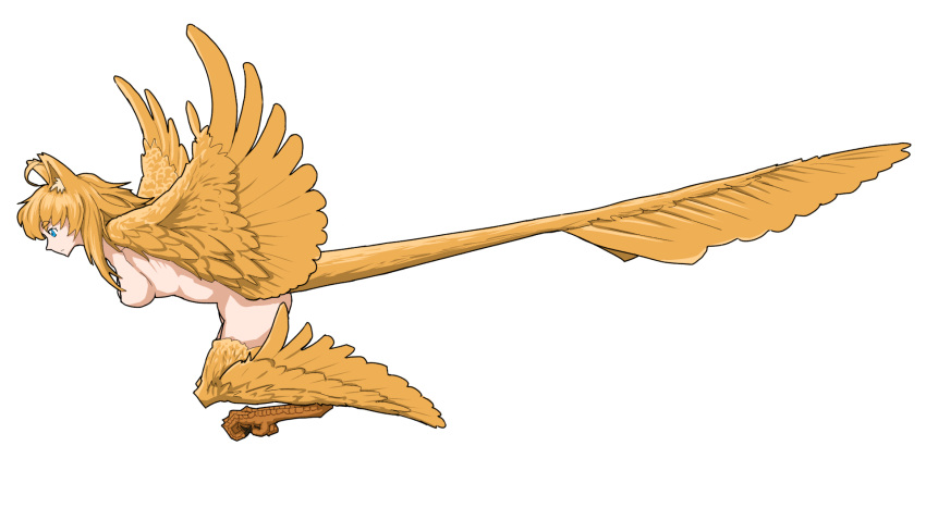 1girl ahoge animal_ear_fluff animal_ears bird_legs bird_tail blonde_hair blue_eyes breasts capiocapan cat_ears commentary_request digitigrade feathered_wings full_body harpy highres long_hair medium_breasts monster_girl nude original simple_background solo tail talons white_background winged_arms wings yellow_feathers yellow_wings