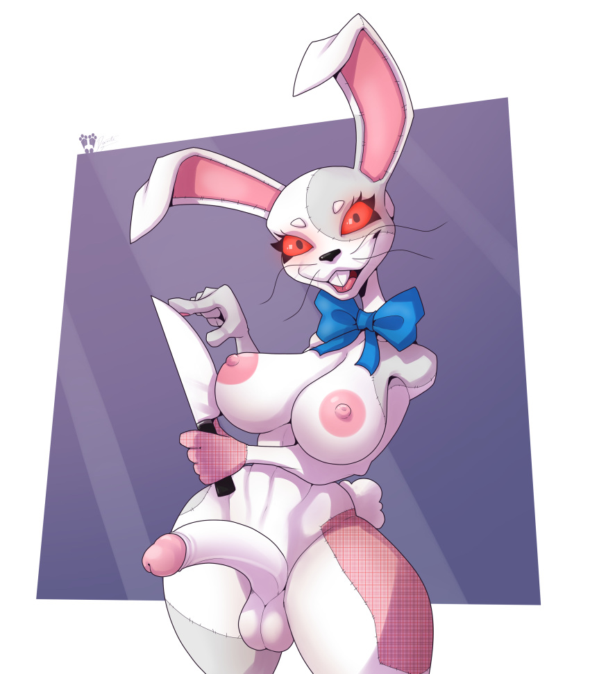 absurd_res anthro balls big_breasts bow_tie breasts buckteeth curvy_figure eyelashes female fingers five_nights_at_freddy's genitals hi_res itsdante knife lagomorph leporid looking_at_viewer mammal nipples patch_(fabric) penis rabbit red_sclera scottgames shush simple_background smile solo standing stitch_(sewing) teeth thick_thighs tongue vanny_(fnaf) video_games whiskers wide_hips