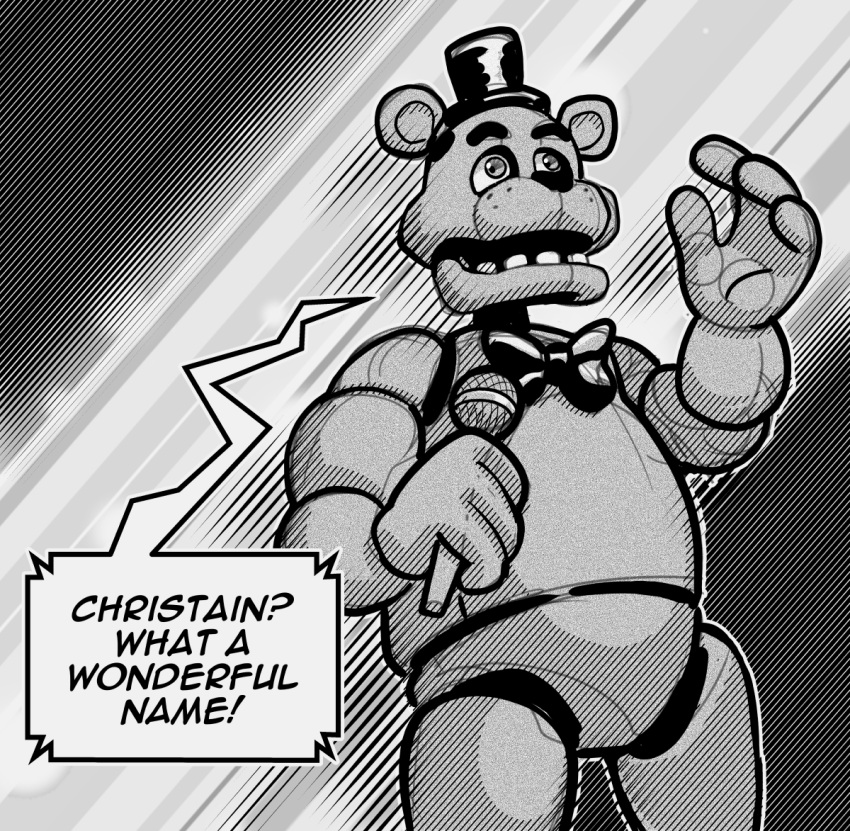 2022 animatronic anthro black_background bow_tie chris_chan christian_weston_chandler clothing dialogue emanata english_text eyebrows five_nights_at_freddy's freddy_(fnaf) galactabee grey_background greyscale hat headgear headwear holding_microphone holding_object humor machine male mammal meme microphone monochrome offscreen_character open_mouth pattern_background robot scottgames simple_background solo standing striped_background talking_to_another teeth text top_hat ursid video_games