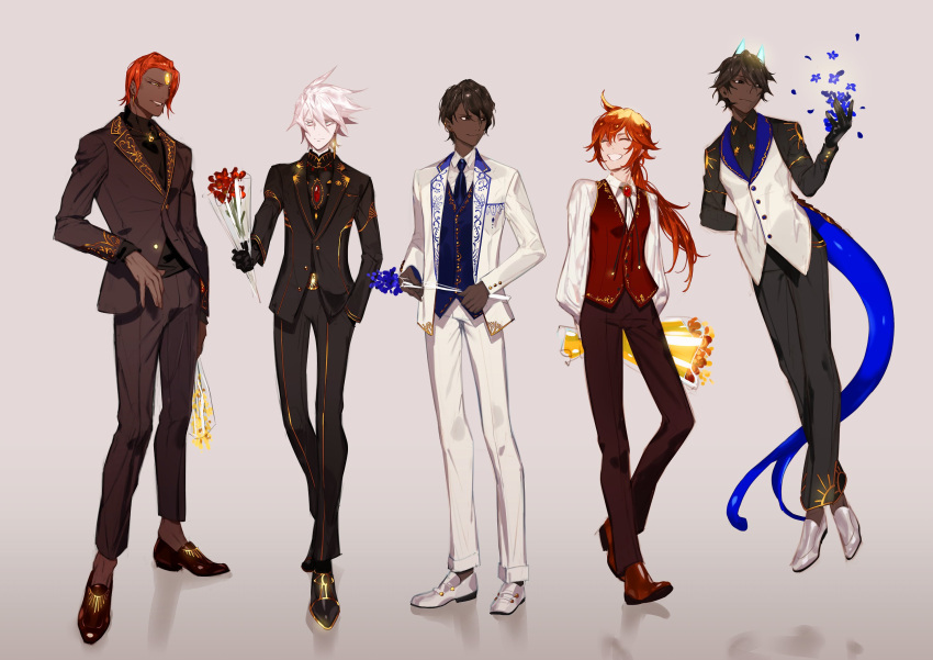 arjuna_(fate) arjuna_alter_(fate) ashwatthama_(fate) bangs bishounen commentary_request dark-skinned_male dark_skin fate/grand_order fate_(series) gloves hair_between_eyes highres holding karna_(fate) long_hair male_focus multiple_boys muscular muscular_male open_mouth pale_skin rama_(fate) red_hair semi_finalfight short_hair smile white_hair yellow_eyes