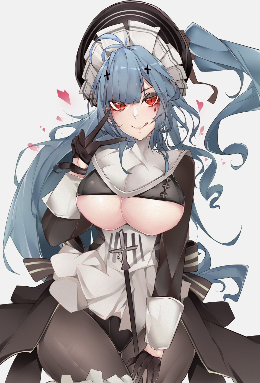 1girl :q azur_lane blue_hair breasts brown_dress brown_gloves brown_legwear clothing_cutout cowboy_shot cross_hair_ornament dress gloves hair_ornament half_gloves heart highres kive large_breasts long_hair looking_at_viewer maid_headdress marco_polo_(azur_lane) marco_polo_(the_queen_of_hearts)_(azur_lane) pantyhose red_eyes simple_background solo tongue tongue_out underboob underboob_cutout v very_long_hair white_background