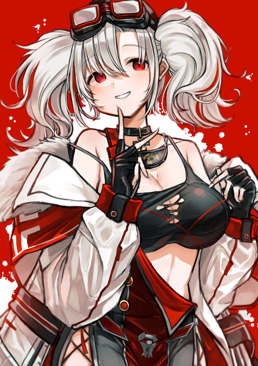 1girl absurdres azur_lane bare_shoulders black_gloves bra breasts cleavage coat finger_to_cheek fingerless_gloves fur-trimmed_coat fur_trim gloves goggles goggles_on_head green_happy000 grey_pants hair_between_eyes highres large_breasts long_hair multicolored_hair open_clothes open_coat pants prinz_adalbert_(azur_lane) red_background red_eyes red_hair simple_background smile solo streaked_hair torn_bra torn_clothes twintails two-tone_hair underwear white_coat white_hair