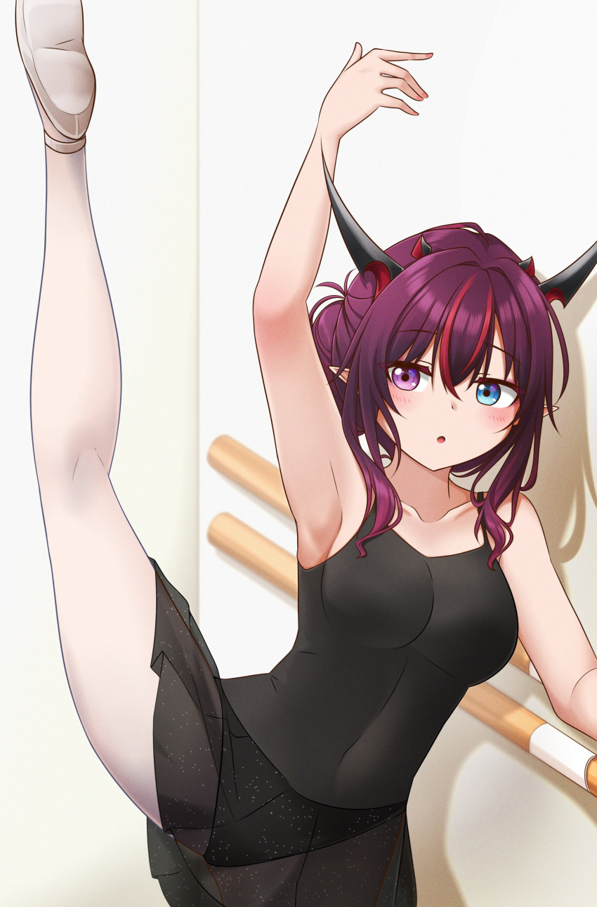 1girl absurdres arm_up ballerina ballet_slippers bangs bare_arms bare_shoulders black_leotard blue_eyes breasts collarbone commentary eyebrows_visible_through_hair flexible hair_between_eyes hair_up heterochromia highres hololive hololive_english horns indoors irys_(hololive) jan_azure leg_up leotard medium_breasts multiple_horns open_mouth pointy_ears purple_eyes purple_hair red_hair solo virtual_youtuber