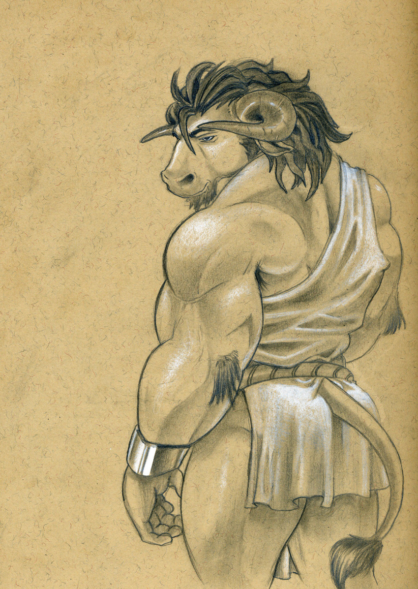 2020 absurd_res anthro bovid bovine butt cattle clothed clothing european_mythology greek_mythology hi_res humanoid jewelry kurnak looking_aside male mammal minotaur muscular muscular_male mythology skimpy solo toga traditional_media_(artwork) tush