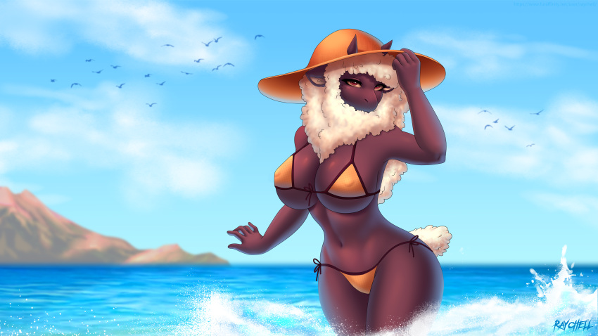 16:9 5_fingers absurd_res anthro beach big_breasts bikini black_body black_fur bovid breasts caprine clothed clothing curvy_figure female fingers fur hat headgear headwear hi_res horn looking_at_viewer mammal markings mole_(marking) mouthless orange_clothing orange_swimwear raychell sea seaside sheep solo summer swimwear water were werecaprine weresheep widescreen wool_(fur) xalda_(future_ver.)