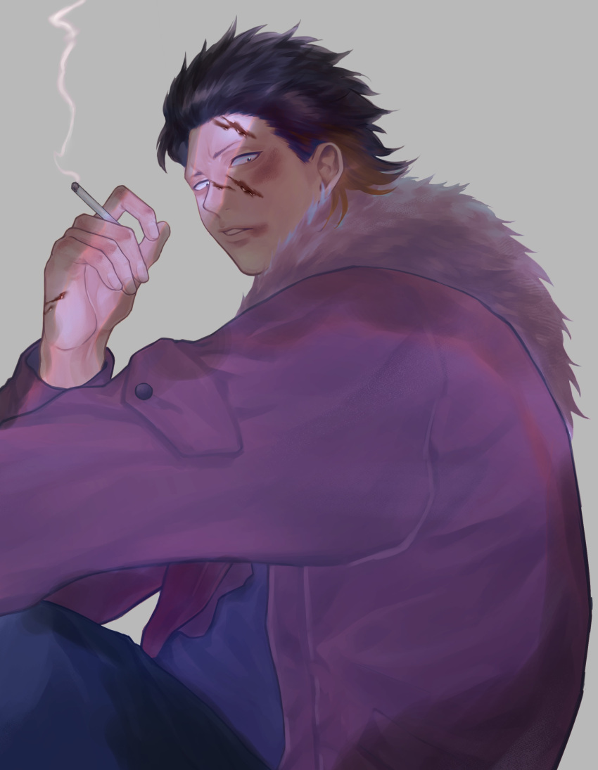 1boy absurdres black_eyes black_hair blood blood_on_face bruise bruise_on_face cigarette dobu_(odd_taxi) fur_trim highres injury jacket odd_taxi parted_lips purple_jacket simple_background sitting smoking zuku_none