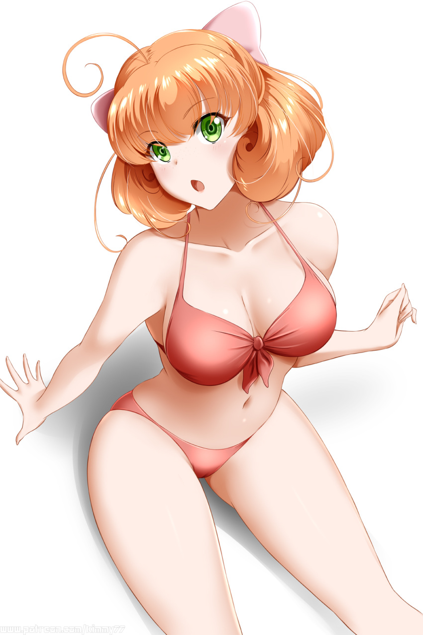 1girl :o ahoge bangs banned_artist bare_arms bare_legs bikini breasts cleavage collarbone eyebrows_visible_through_hair from_above front-tie_bikini front-tie_top green_eyes hair_between_eyes halterneck highres kimmy77 large_breasts long_hair navel open_mouth orange_hair penny_polendina red_bikini rwby shiny shiny_hair sideboob simple_background sitting solo swimsuit white_background