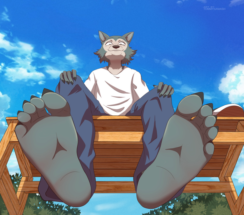 5_toes anthro barefoot beastars black_claws black_nose canid canine canis claws clothed clothing cloud discarded_clothing discarded_footwear feet foot_focus fur grey_body grey_fur hi_res humanoid_feet legoshi_(beastars) looking_at_viewer male mammal multicolored_body outside plant sitting smile soles solo tan_body tan_fur toe_claws toes tommysamash tree two_tone_body wolf