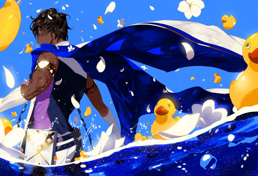 1boy arjuna_(fate) bangs black_eyes black_hair cape commentary_request dark-skinned_male dark_skin fate/grand_order fate_(series) flower gloves hair_between_eyes highres male_focus rubber_duck semi_finalfight short_hair solo white_gloves