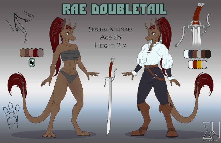 anthro clothed clothing digital_drawing_(artwork) digital_media_(artwork) equis_universe female ki'rinaes melee_weapon model_sheet muscular muscular_anthro muscular_female paws rae_doubletail reference_image solo sunny_way sword underwear weapon