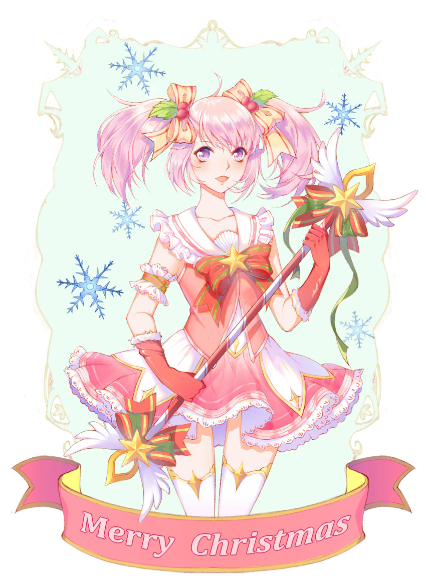 1girl :d absurdres bangs bow character_request collarbone dahuzi_shushu detached_sleeves dress frilled_dress frilled_sleeves frills fur-trimmed_gloves fur_trim gloves hair_bow hair_ornament highres league_of_legends lux_(league_of_legends) merry_christmas open_mouth pink_dress pink_eyes pink_hair red_bow red_gloves smile snowflakes solo star_(symbol) star_guardian_(league_of_legends) star_guardian_lux thighhighs twintails white_legwear yellow_bow zettai_ryouiki