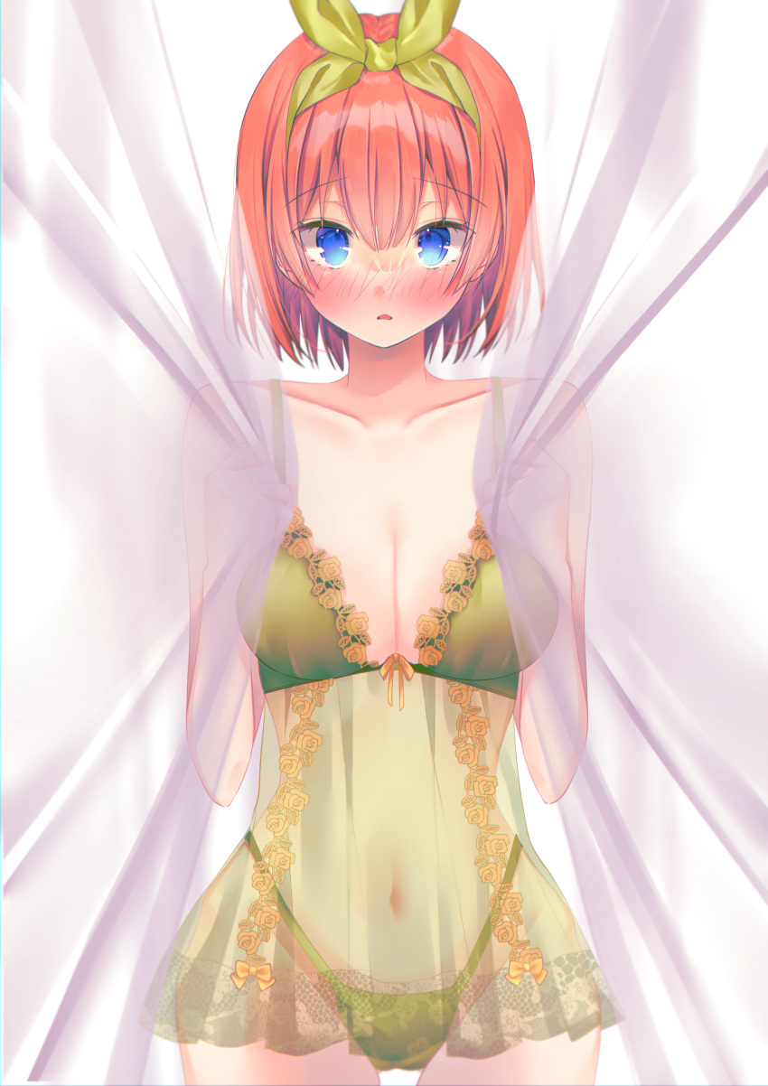 1girl absurdres blue_eyes blush breasts chemise chestnut_mouth cleavage commentary_request cowboy_shot curtains eyebrows_behind_hair eyebrows_visible_through_hair frilled_panties frills go-toubun_no_hanayome green_hairband green_ribbon hair_between_eyes hair_ribbon hairband highres large_breasts looking_at_viewer medium_hair nakano_yotsuba navel nightgown orange_hair panties ribbon see-through solo underwear yuzukimeo