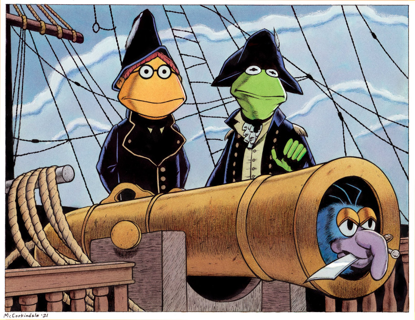 2021 amphibian anthro big_nose blue_body bruce_mccorkindale cannon cloud crossover eyewear frog glasses gonzo_(muppets) green_body group hair hi_res horizontal_pupils kermit_the_frog knife male master_and_commander:_the_far_side_of_the_world muppet muppets parody pirate pirate_hat pirate_outfit pupils ranged_weapon red_hair rope scooter_(muppets) ship the_muppet_show vehicle watercraft weapon yellow_body