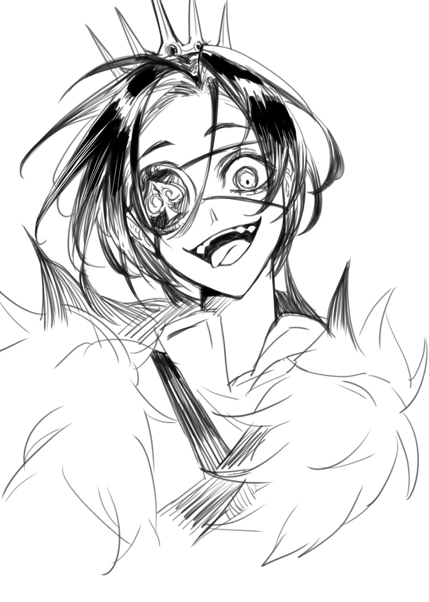 :d absurdres bangs black_clover chest_harness crazy_eyes frit_2 fur_collar gem harness high_collar highres looking_at_viewer messy_hair open_mouth parted_bangs portrait raised_eyebrows sanpaku short_hair sketch smile teeth tiara tongue tongue_out upper_teeth vanica_zogratis wide-eyed