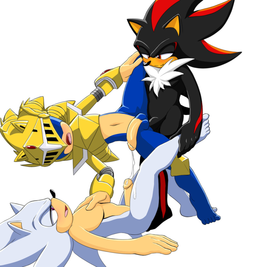 anal anthro armor balls barefoot bodily_fluids cum cum_on_penis feet genital_fluids genitals group hi_res leg_over_shoulder male male/male nude penis sega shadow_the_hedgehog sonic_the_hedgehog sonic_the_hedgehog_(series) tailverknk trio