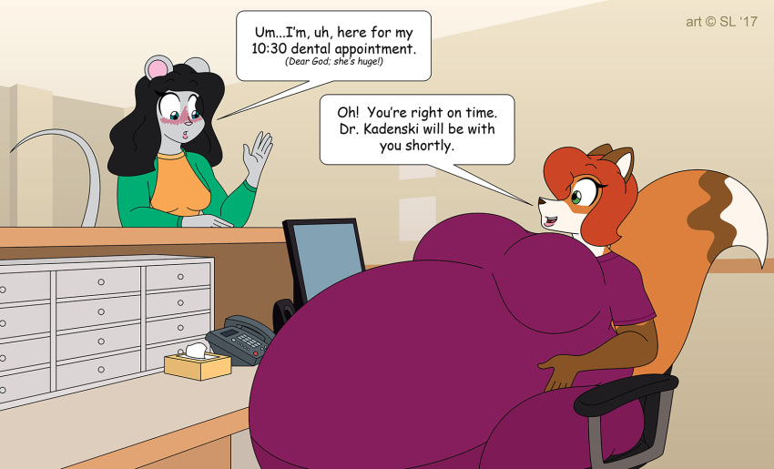 2017 annie_(satsumalord) anthro belly big_belly big_breasts black_hair blue_eyes blush breasts canid canine chair clothed clothing computer desk digital_media_(artwork) duo english_text female fox furniture green_eyes hair hi_res huge_breasts hyper hyper_belly hyper_pregnancy mammal monitor mouse murid murine open_mouth phone pregnant red_hair rodent satsumalord speaker speech_bubble table text tissue tissue_box