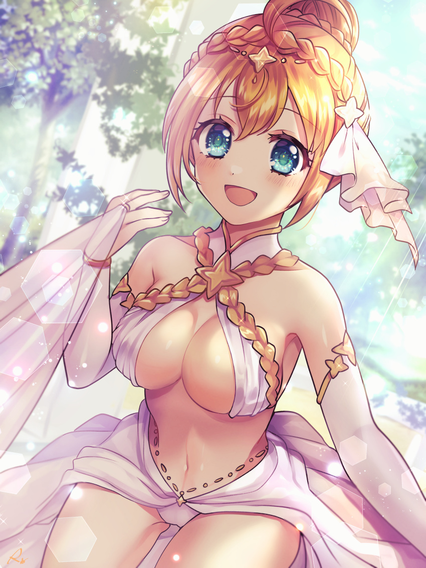 1girl absurdres ahoge bangs bare_shoulders blue_eyes blush braid breasts cleavage dancer highres large_breasts long_hair looking_at_viewer midriff navel open_mouth orange_hair pecorine_(princess_connect!) princess_connect! rokico smile solo