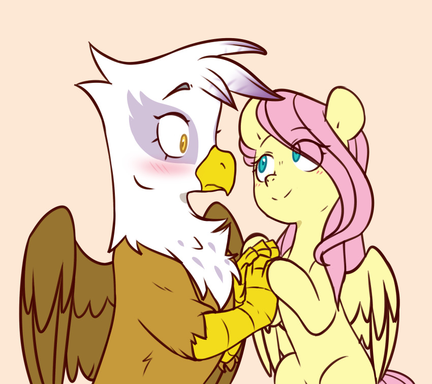 absurd_res avian beak blush brown_body brown_feathers chub-wub duo equid equine eye_contact eyelashes feathered_wings feathers feral fluttershy_(mlp) friendship_is_magic gilda_(mlp) gryphon hair hasbro hi_res looking_at_another mammal my_little_pony mythological_avian mythology pegasus pink_hair simple_background surprise tan_background white_body white_feathers wings yellow_body yellow_eyes