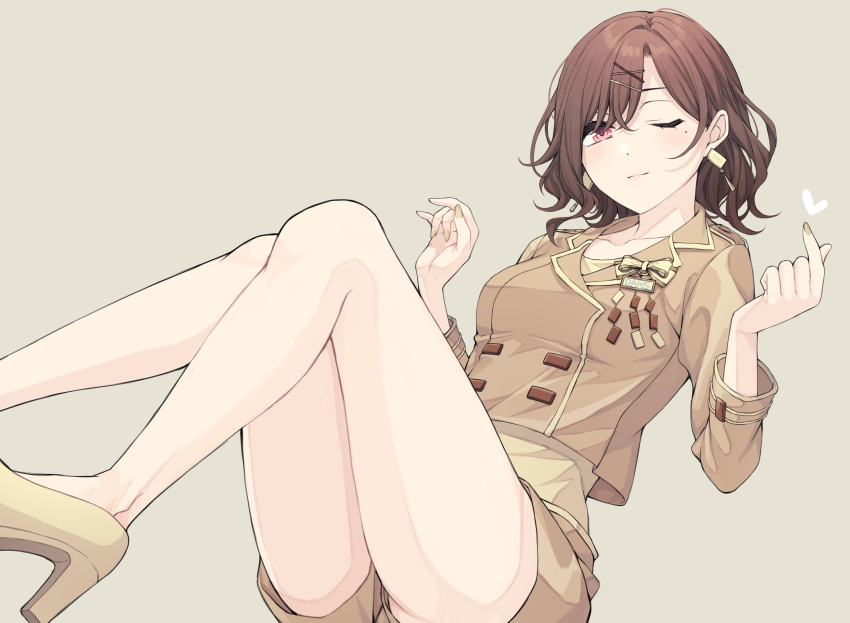 1girl absurdres ae_iueo bangs bare_legs beige_background beige_jacket beige_shorts brown_hair commentary_request earrings hair_ornament hairclip heart high_heels highres higuchi_madoka idolmaster idolmaster_shiny_colors jewelry legs long_sleeves looking_at_viewer mole mole_under_eye nail_polish one_eye_closed purple_eyes short_hair short_shorts shorts solo swept_bangs yellow_nails