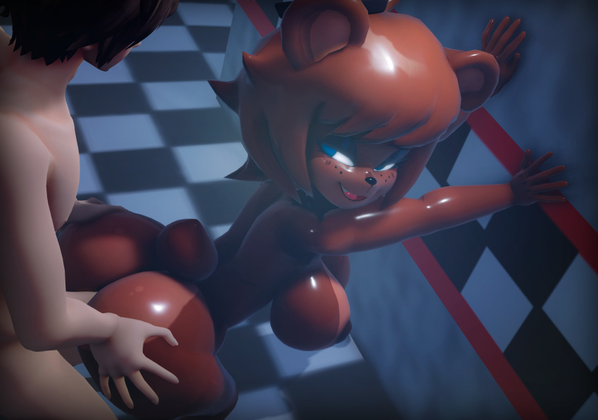 2022 ambiguous_penetration anthro big_breasts big_butt blue_eyes breasts brown_body brown_fur brown_hair butt clothing duo female five_nights_at_freddy's freddy_(fnaf) fredina's_nightclub fredina_(cally3d) from_behind_position fur genitals hair hat headgear headwear hi_res human human_on_anthro humanoid inside interspecies male male/female mammal mmd narrowed_eyes nipples nude penetration scottgames sex smile ursid video_games