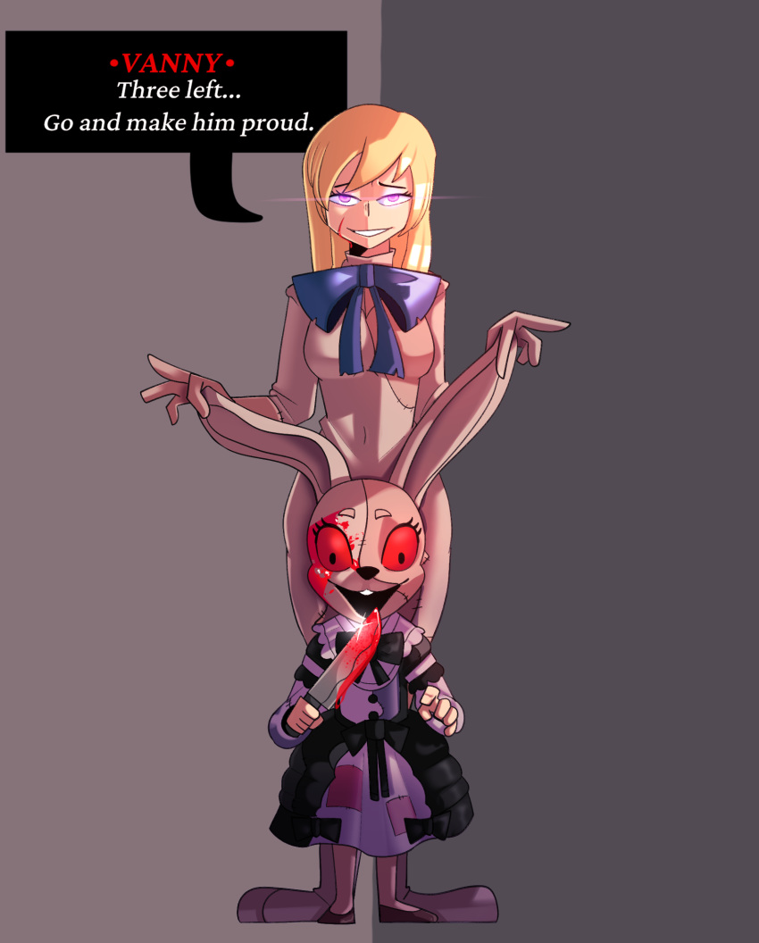 blonde_hair blood blood_on_face blood_on_knife blood_on_weapon bodily_fluids bow_tie breasts child clothing costume dialogue dress dripping_blood duo english_text female five_nights_at_freddy's five_nights_at_freddy's:_security_breach glowing glowing_eyes hair half-closed_eyes hi_res holding_ears holding_knife holding_object holding_weapon human knife lagomorph leporid lolita_dress mammal miscuitsxd narrowed_eyes navel_outline patch_(fabric) rabbit red_eyes scottgames seam_(sewing) size_difference smile speech_bubble stitch_(sewing) text vanny_(fnaf) video_games weapon young