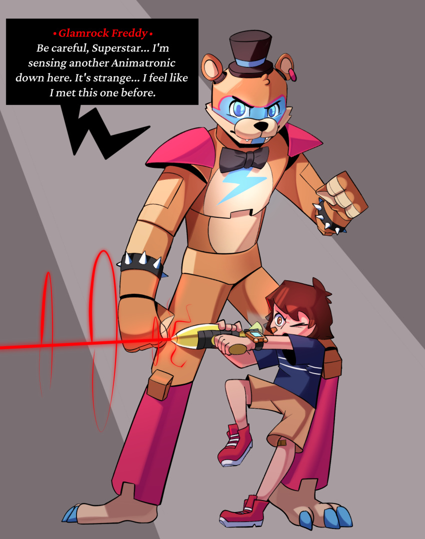 action_pose animatronic anthro band-aid bandage bottomwear bow_tie bracelet brown_body brown_hair child clothing dialogue duo ear_piercing english_text facial_markings fist five_nights_at_freddy's five_nights_at_freddy's:_security_breach glamrock_freddy_(fnaf) gregory_(fnaf) hair hat head_markings headgear headwear hi_res human jewelry laser laser_gun machine male mammal markings metallic_body miscuitsxd piercing pose ranged_weapon robot scottgames shirt shooting_gun shorts shoulder_pads size_difference speech_bubble spiked_bracelet spikes text top_hat topwear ursid video_games weapon young