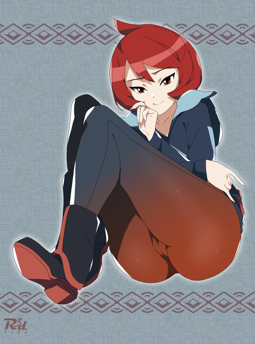 1girl arezu_(pokemon) ass bangs blush cameltoe collarbone cowlick diamond_clan_outfit gradient gradient_legwear hair_between_eyes highres jacket labia long_sleeves looking_at_viewer pantyhose pokemon pokemon_(game) pokemon_legends:_arceus r3dfive red_eyes red_hair short_hair solo