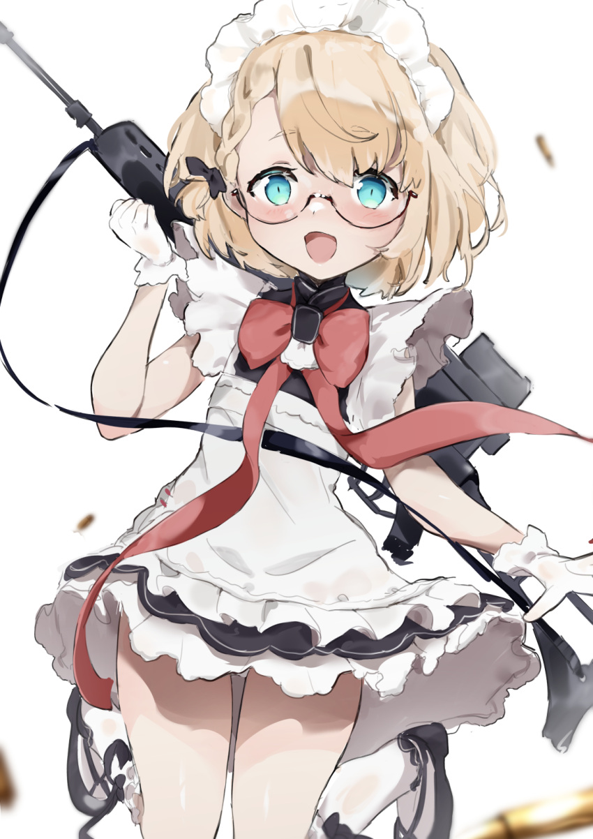 1girl :d assault_rifle bangs bespectacled black-framed_eyewear black_dress black_footwear blonde_hair blue_eyes bow bowtie braid commentary dress frilled_dress frills g36_(girls'_frontline) girls'_frontline glasses gloves gun h&amp;k_g36 highres jumping legs_up looking_at_viewer maid maid_headdress mary_janes open_mouth red_bow red_bowtie rifle sabashi semi-rimless_eyewear shoes short_dress short_hair simple_background sleeveless sleeveless_dress smile socks solo standing under-rim_eyewear weapon weapon_on_back white_background white_gloves white_legwear younger