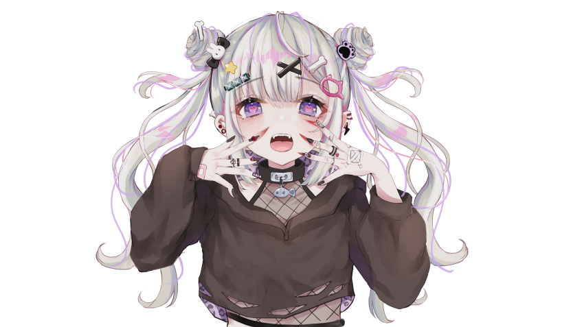 1girl absurdres bandaid bangs double_bun ear_piercing eyebrows_visible_through_hair hair_ornament heart heart-shaped_pupils highres long_hair looking_at_viewer open_mouth original parted_bangs piercing purple_eyes sakura_mochiko silver_hair solo symbol-shaped_pupils transparent_background twintails upper_body