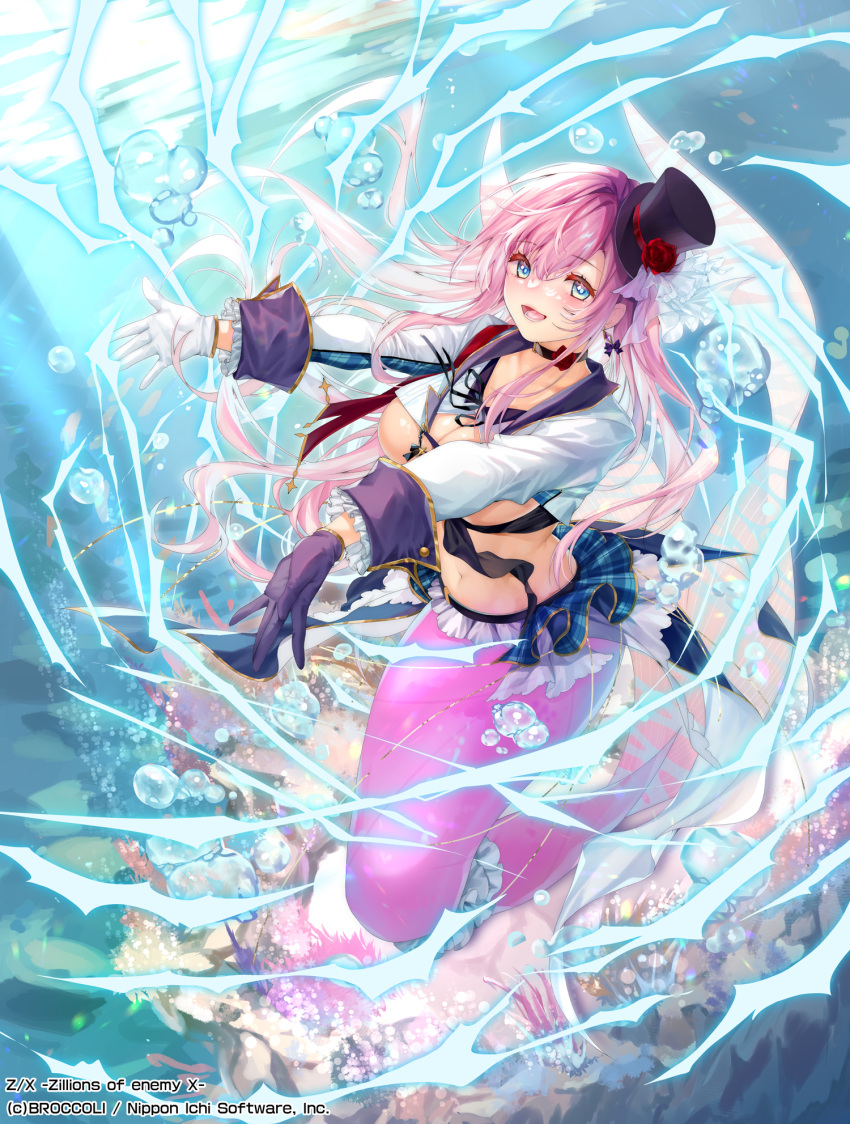 1girl air_bubble asymmetrical_gloves blue_eyes blush breasts bubble choker cleavage frederica_(z/x) gloves hat highres mermaid miniskirt mismatched_gloves monster_girl navel obiwan official_art outstretched_arms pink_hair plaid plaid_skirt ribbon skirt sleeve_cuffs smile solo top_hat underwater z/x