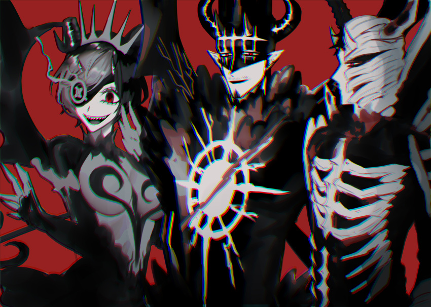 1girl 2boys absurdres black_clothes black_clover bone breasts chromatic_aberration cleavage clock dante_zogratis demon_boy demon_girl demon_horns demon_wings eyepatch facial_hair facial_mark frit_2 goatee high_collar highres horns multiple_boys mustache open_mouth pointy_ears possessed red_background red_eyes see-through sharp_teeth siblings sideburns simple_background skeleton_costume teeth tiara underboob vanica_zogratis wings zenon_zogratis