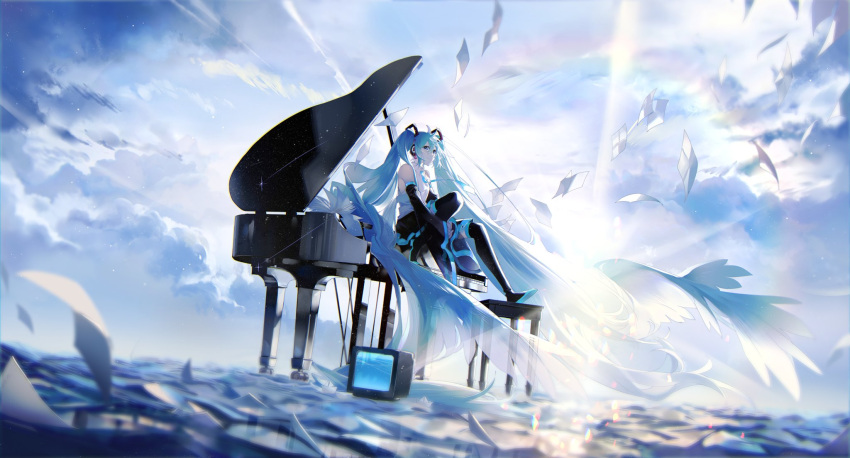 1girl absurdly_long_hair bare_shoulders black_footwear black_skirt blue_eyes blue_hair blue_necktie blue_sky boots cloud cloudy_sky collared_shirt day detached_sleeves diffraction_spikes hatsune_miku headphones highres instrument light_particles light_rays long_hair necktie nura_orimoto outdoors own_hands_clasped own_hands_together paper paper_boat piano piano_bench reflection reflective_water scenery shirt sitting sitting_on_piano skirt sky sleeveless sleeveless_shirt sleeves_past_fingers sleeves_past_wrists smile solo sunlight television thigh_boots thighhighs twintails very_long_hair vocaloid water white_shirt wide_shot wide_sleeves