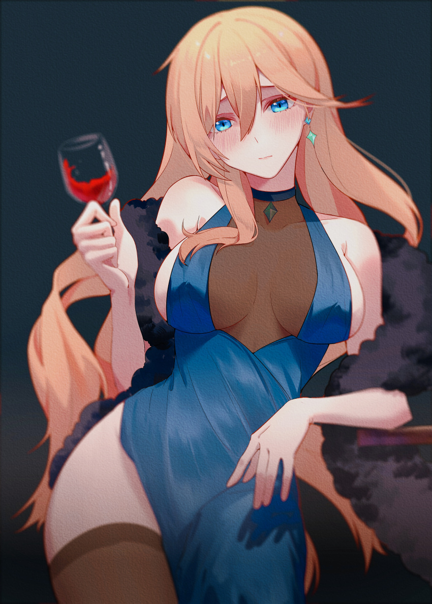 1girl absurdres alcohol bangs bare_shoulders bianka_durandal_ataegina black_choker blonde_hair blue_background blue_dress blue_eyes breasts brown_legwear choker cleavage closed_mouth cup dress drinking_glass earrings hair_between_eyes highres holding holding_cup honkai_(series) honkai_impact_3rd jewelry long_hair looking_at_viewer simple_background sleeveless sleeveless_dress thighhighs wavy_hair wine wine_glass youmiao_oxo