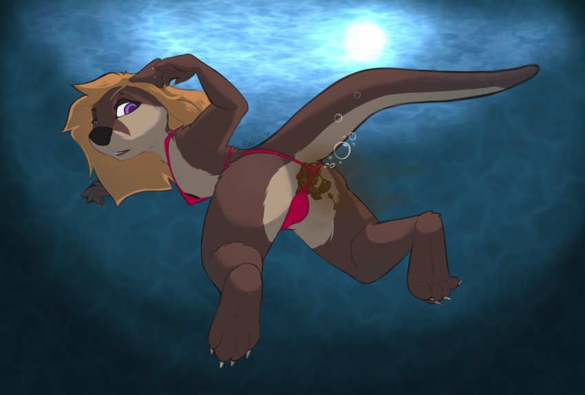 anthro ara_bedivere areola bikini bikini_thong breasts butt claws clothing fart fart_bubbles feces feet female hair hi_res katlin looking_back lutrine mammal membrane_(anatomy) mustelid pooping presenting presenting_hindquarters purple_eyes raised_tail rear_view river_otter scat solo swimming swimwear thick_tail toes underwater water webbed_hands