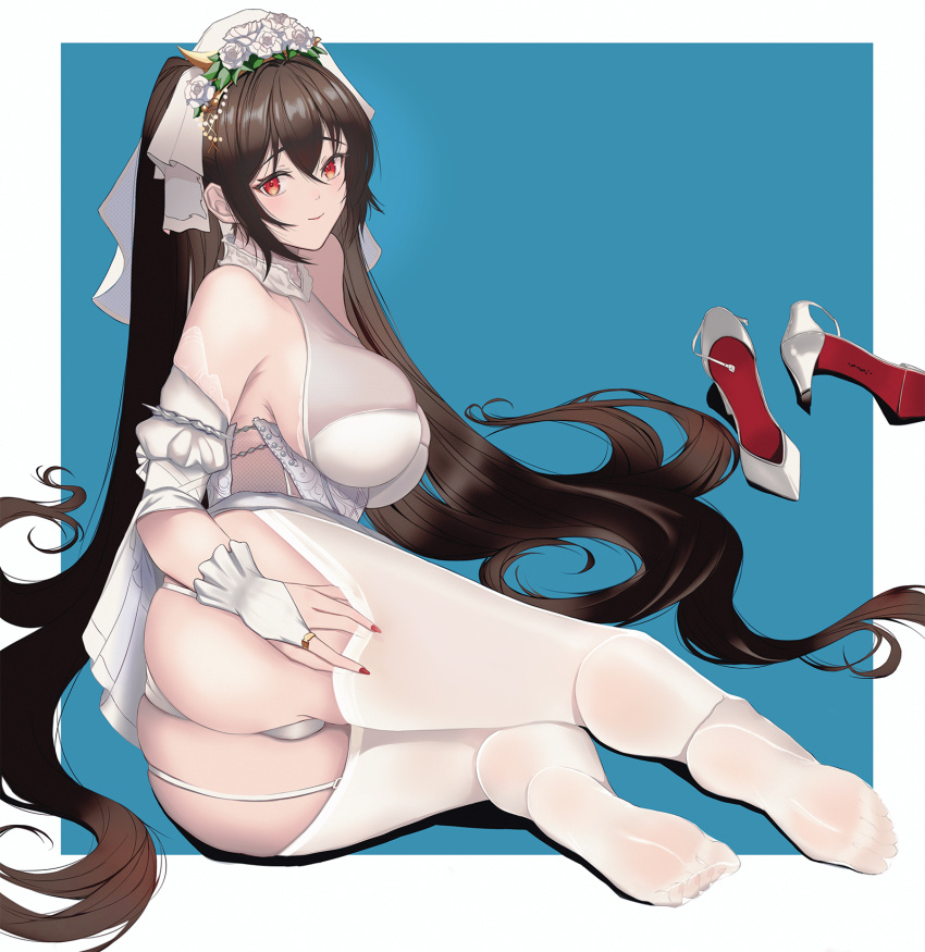 1girl ass autumn_boar bare_shoulders black_hair blue_background breasts bridal_gauntlets bride closed_mouth dress feet flower from_behind garter_straps hair_flower hair_ornament halter_dress halterneck headband high_heels highres impossible_clothes impossible_dress jewelry large_breasts long_hair looking_at_viewer looking_back lying nail_polish no_shoes on_side original outside_border panties red_eyes red_nails ring see-through shoes shoes_removed sideboob smile soles thighhighs_pull thong twintails underwear very_long_hair white_dress white_legwear white_panties