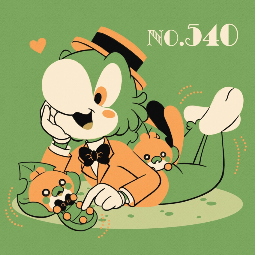 1boy :3 blush_stickers bow bowtie crossed_ankles disney flat_color formal furry furry_male gloves green_background green_theme hand_on_own_cheek hand_on_own_face hat highres jose_carioca limited_palette long_sleeves lying male_focus motion_lines on_stomach open_mouth orange_eyes pokemon pokemon_(creature) sac2422 sewaddle simple_background smile solo suit the_three_caballeros white_gloves